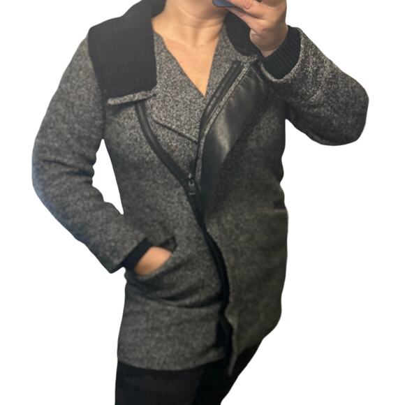 Vince Wool Pea Coat Shawl Collar Asymmetric Gray Black Leather Warm Winter Small - Picture 1 of 15